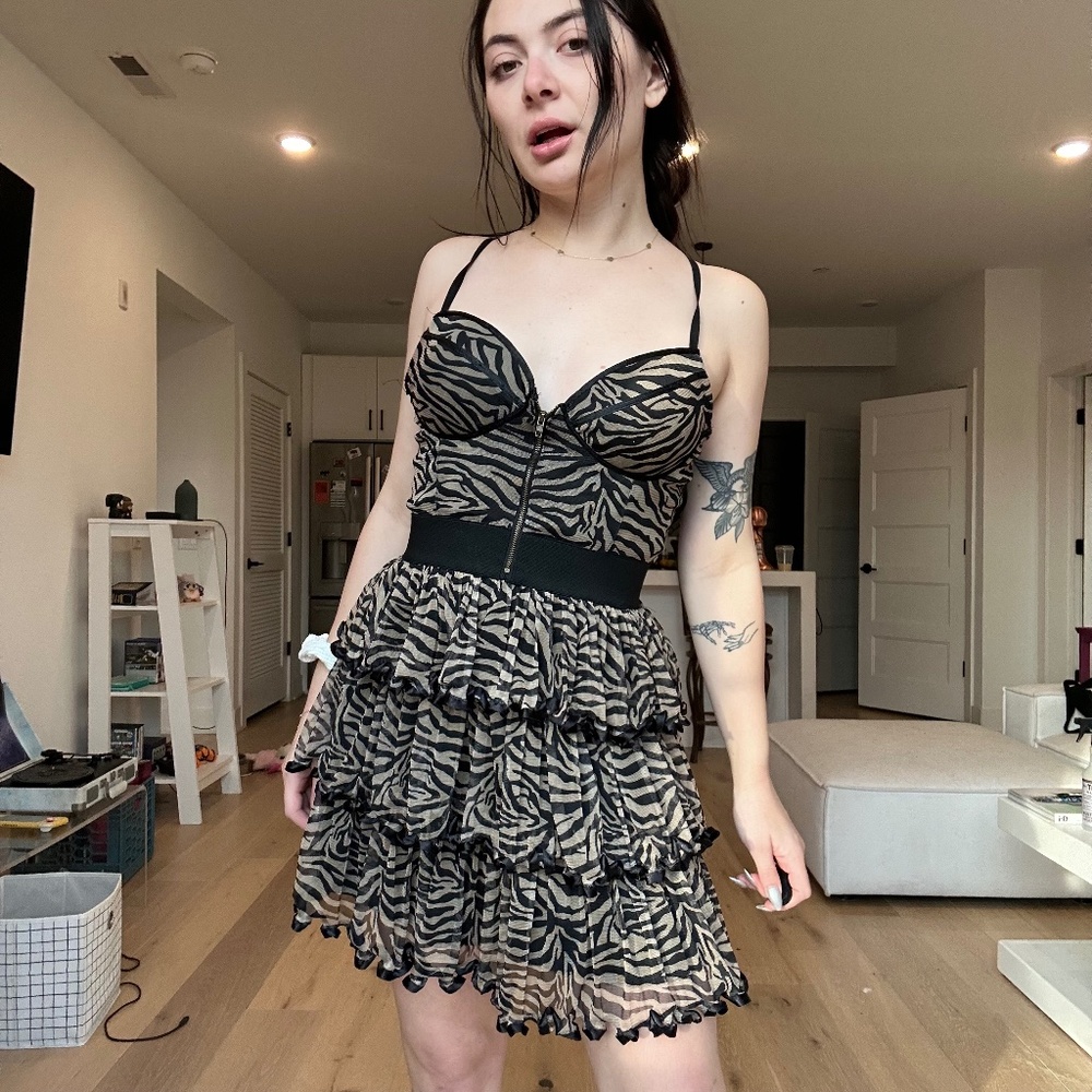 Wet Seal Y2K VINTAGE Zebra Print Mesh Ruffle Bustier Corset Mini Dress